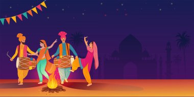 Geleneksel kıyafet giymiş Hintli erkek ve kadın Lohri Festivali 'nde halk dansı yapıyorlar.