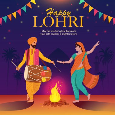 Geleneksel kıyafet giymiş Hintli erkek ve kadın Lohri Festivali 'nde halk dansı yapıyorlar.