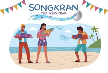 Songkran Festivali, sahilde su tabancası oynayan insanlar.