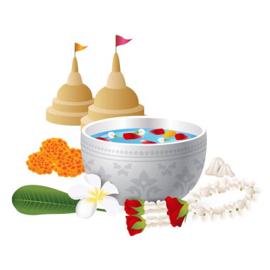 Tayland Su Festivali, Songkran elementleri su kasesi, çiçek çelengi ve kum pagodası