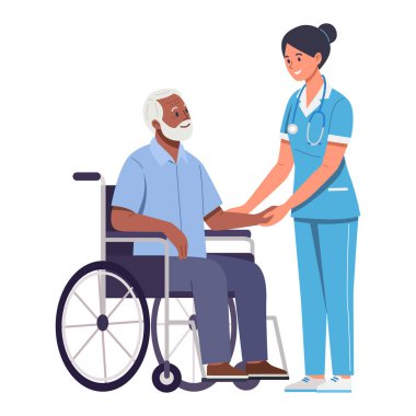 Tekerlekli sandalyedeki yaşlı adama yardım eden hemşire.