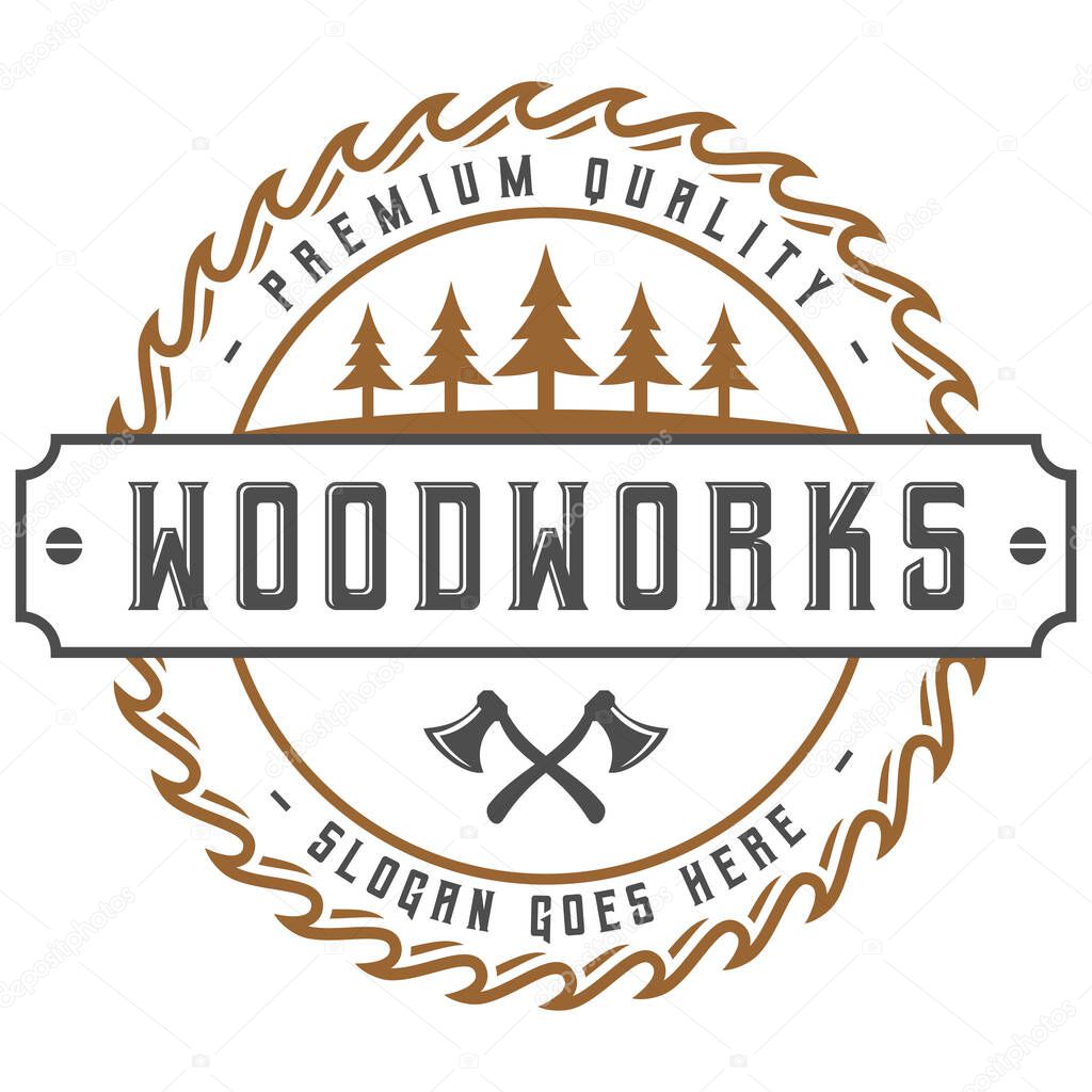 Wood Work Vintage Carpentry Logo Design Label Badge Illustration Vector