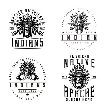 Apache Indian Man Logo Bundle Set vintage style chief mascot design character black and white silhouette vector illustration