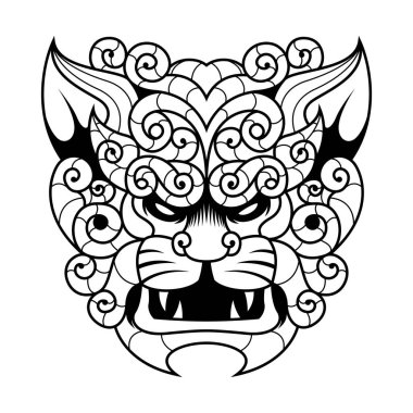 Komainu Vector. Komainu Lion Black And White Logo Design Vector Illustration Template