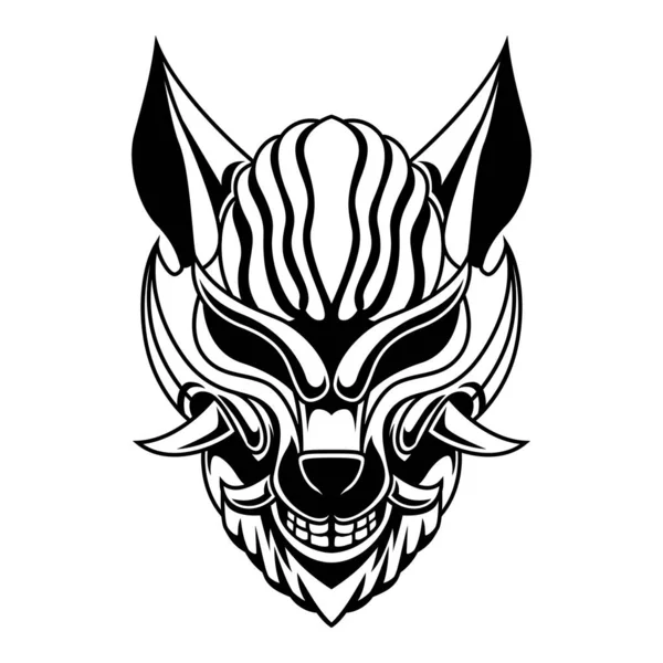 Kociak Wektor Japonia Kitsune Wolf Head Czarno Biały Maska Fox — Wektor stockowy