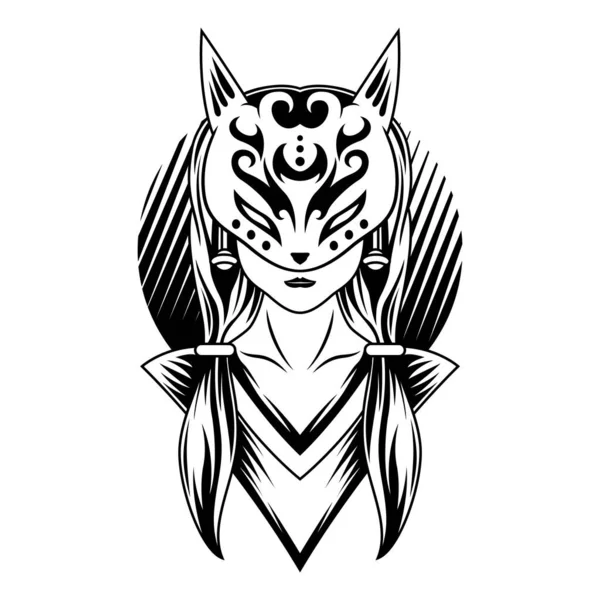 Geisha Japan Girl Kitsune Wolf Maszk Fekete Fehér Fox Logó — Stock Vector