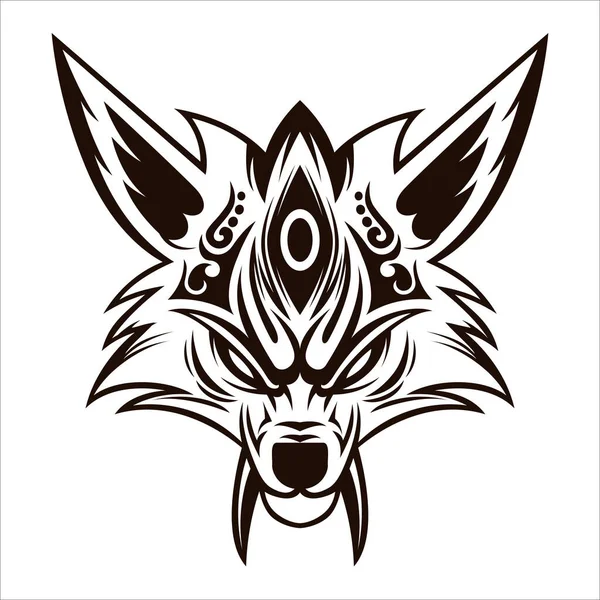Kitsune Drawing Vector Kitsune Wolf Head Zwart Met Wit Tekenende — Stockvector
