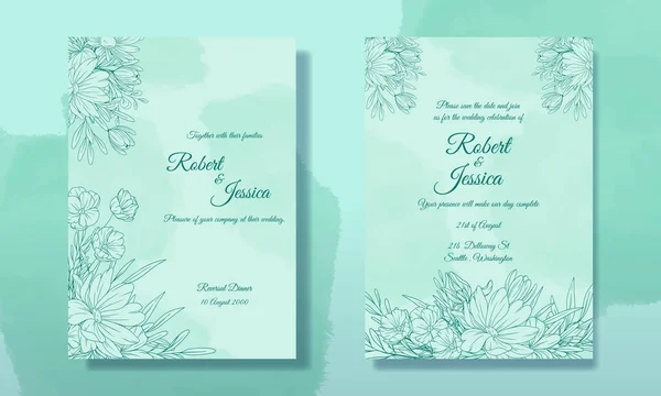 Convite Casamento Floral Line Art Modelo Bonito Convite Casamento Card —  Vetores de Stock
