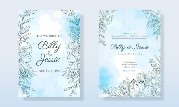 Floral Line Art Wedding Minimalist Einladungskarte Template Design Hochzeitseinladung Floral — Stockvektor