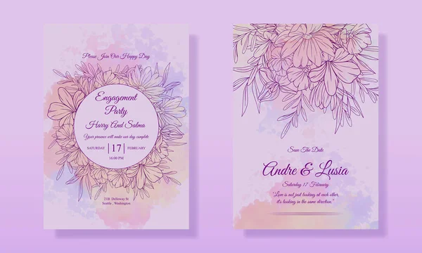 Natural Flower Watercolor Wedding Invitation Minimalist Floral Leaf Line Art — Stock Vector