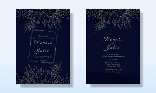Dunkelblaue Hochzeitseinladung Aquarell Minimalist Floral Leaf Flower Line Art Card — Stockvektor