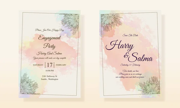 Aquarell Hochzeitseinladung Minimalist Floral Leaf Line Art Card Template Design — Stockvektor