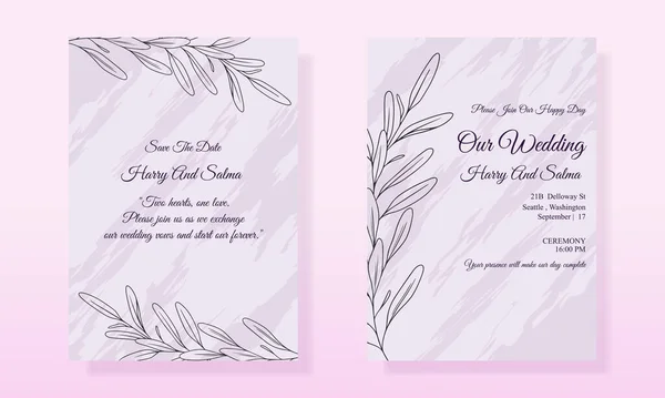Floral Folha Linha Arte Casamento Minimalista Convite Card Template Design —  Vetores de Stock
