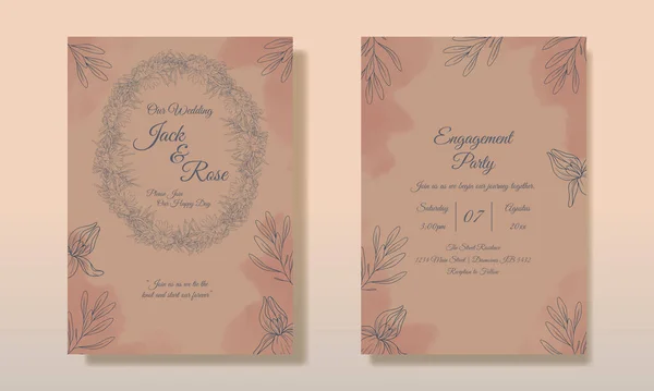 Floral Line Art Modelo Convite Casamento Bonito Convite Casamento Card — Vetor de Stock