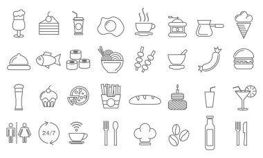 Yiyecek ve içecek ikonu Bundle 'ı hizaya soktu. Gıda ikonu koleksiyonu. Vektör illüstrasyonu