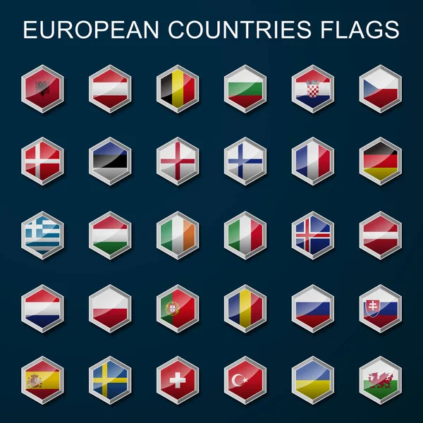 Europa Flaggen Sechseck Tasten Isoliert Flaggen Europäischer Länder Vektor — Stockvektor
