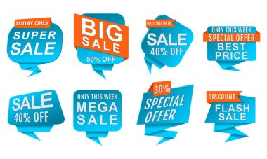 Promosyon Satışı Etiketleri Bayrağı. Fiyat etiketi promosyonu. Perakende satış etiketleri. Fiyat etiketi tasarımı izole vektör koleksiyonu