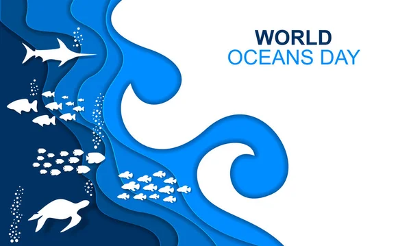Journée Mondiale Océan Cover Banner Papier Découpé Natation Poissons Sous — Image vectorielle