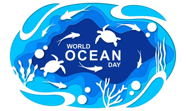 Modelo Cartaz Dia Mundial Oceano Papel Cortado Fundo Submarino Vetor —  Vetores de Stock