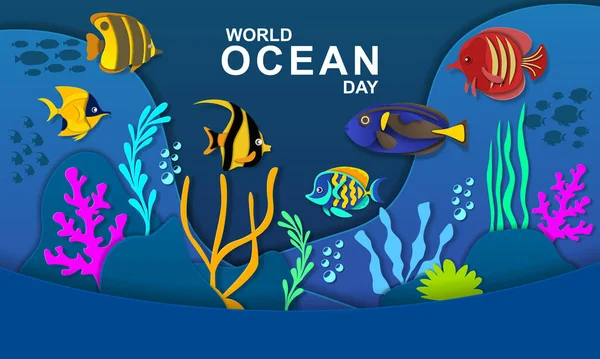Aquário Água Salgada World Ocean Day Cover Background Papel Cortado —  Vetores de Stock