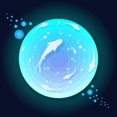 Okyanus balığının dairesel okyanus gün içindeki vektör illüstrasyonu. Sualtı dünyası sayfa düzeni