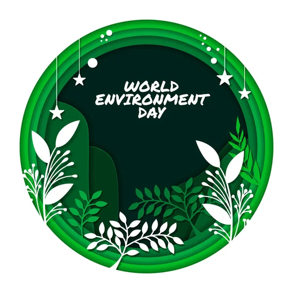 Dia Mundial Ambiente Ramo Verde Folhas Rolo Papel Cortado Torno —  Vetores de Stock