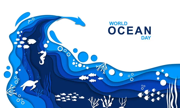Cartaz Subaquático Modelo Dia Oceano Mundial Corte Papel Vetor Fundo —  Vetores de Stock