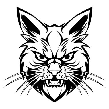 Kızgın yüzlü kedi vektör çizimi çizimi siyah-beyaz