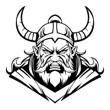 Kızgın suratlı yaşlı Viking siyah-beyaz vektör çizimi