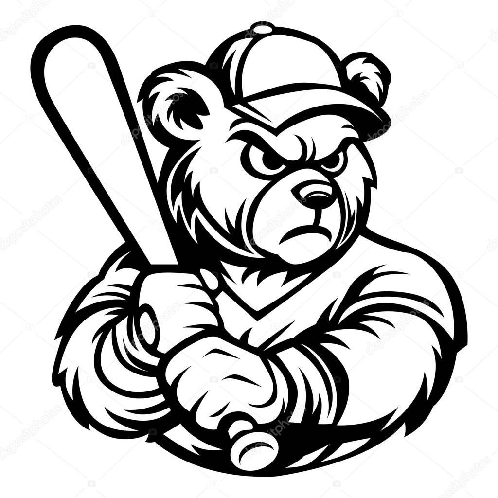 Baseball Bear mascot drawing black and white vector