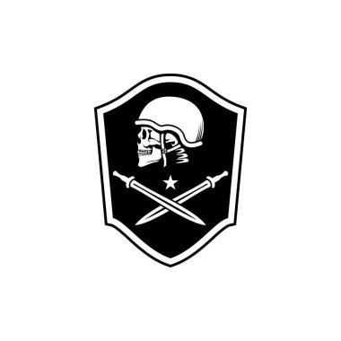 Rozet Askeri Kafatası Kalkanda Çapraz Bıçak vektör çizimi siyah ve beyaz