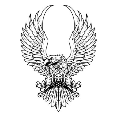 Beyaz arka planda kızgın bir yüz vektör çizimi ile uçan bir kartal. siyah ve beyaz vektör çizimi