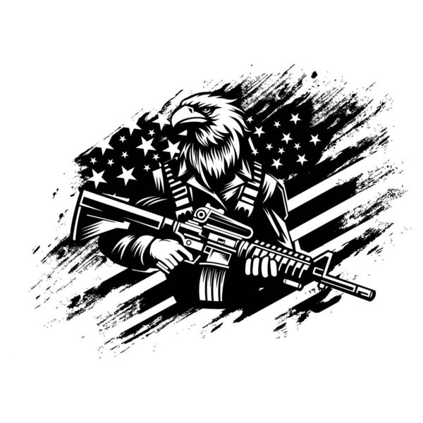 Орел держит винтовку с американским флагом на заднем плане. черно-белая векторная иллюстрация