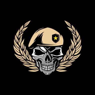 Askeri Kafatası askeri bere vektör çizim logosu takıyor. Logo, etiket, işaret, amblem için tasarım ögesi. Vektör illüstrasyonu