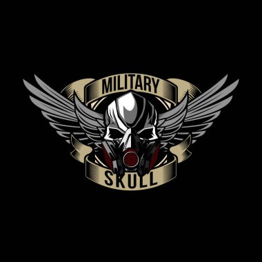 Kafatası solunum cihazı ve kanatlar takıyor. Logo, etiket, işaret, amblem için tasarım ögesi. Vektör illüstrasyonu