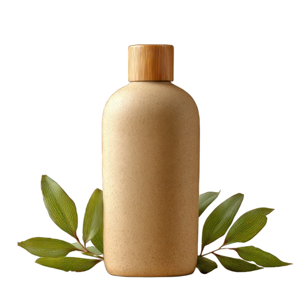 PNG. Çevre dostu şampuan şişesi, minimal ambalaj, şeffaf arka planda izole edilmiş, sürdürülebilir ürün konsepti.