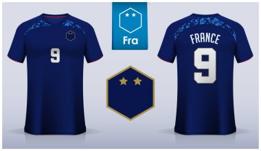 Fransa Millî Futbol Takımı 'nın futbol forması ya da şablon tasarımı. Ön ve arka manzara futbol üniforması. Mavi Futbol tişörtü düz logolu. Vektör İllüstrasyonu