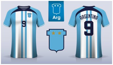 Arjantin Millî Futbol Takımı 'nın futbol forması ya da şablon tasarımı. Ön ve arka manzara futbol üniforması. Mavi Futbol tişörtü düz logolu. Vektör İllüstrasyonu