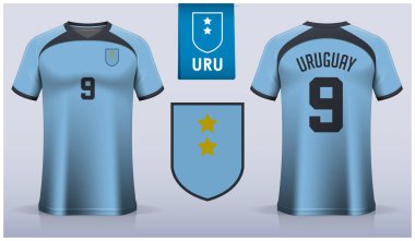 Uruguay Millî Futbol Takımı 'nın futbol forması ya da şablon tasarımı. Ön ve arka manzara futbol üniforması. Mavi Futbol tişörtü düz logolu. Vektör İllüstrasyonu
