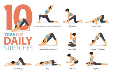 Infographic 10 Yoga, düz tasarımda günlük esneme kavramında evde egzersiz için poz veriyor. Kadınlar vücut esneme egzersizi yapıyor. Fitness bilgisi için yoga duruşu ya da asana. Düz Çizgi film Vektör İllüstrasyonu.