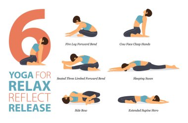 Infographic 6 Yoga evde egzersiz için poz veriyor rahatlama konsepti düz tasarımda yansıtılıyor. Kadınlar vücut esneme egzersizi yapıyor. Fitness bilgisi için yoga duruşu ya da asana. Düz Çizgi film Vektör İllüstrasyonu.