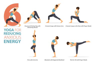 Infographic 6 Yoga, düz tasarımda kaygılı enerjiyi azaltma kavramında evde çalışmak için poz veriyor. Kadınlar vücut esneme egzersizi yapıyor. Fitness bilgisi için yoga duruşu ya da asana. Düz Çizgi film Vektör İllüstrasyonu.