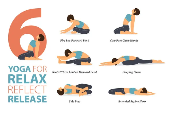 信息图6瑜伽提出了在家里锻炼的概念 放松反映了平面设计中的释放 做身体伸展运动的妇女 瑜伽姿势或体格健壮的体形 平面卡通矢量图解 — 图库矢量图片