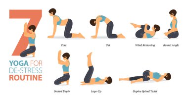 Infographic 7 Yoga, düz tasarımda stresten kurtulma konsepti için evde egzersiz için poz veriyor. Kadınlar vücut esneme egzersizi yapıyor. Fitness bilgisi için yoga duruşu ya da asana. Düz Çizgi film Vektör İllüstrasyonu.