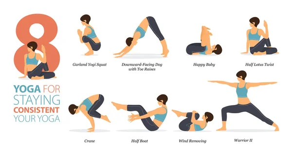 Инфографика Yoga Представляет Тренировки Дому Концепции Последовательной Yoga Плоском Дизайне — стоковый вектор