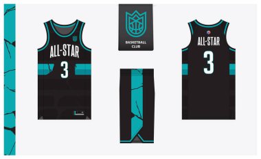 Basketball uniform mockup template design for basketball club. Basketball jersey, basketball shorts in front, back view and side view. Basketball logo design. Vector Illustration