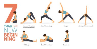 Infographic 7 Yoga, düz tasarımda yeni bir başlangıç kavramı için evde egzersiz için poz veriyor. Kadınlar vücut esneme egzersizi yapıyor. Fitness bilgisi için yoga duruşu ya da asana. Düz Çizgi film Vektör İllüstrasyonu.