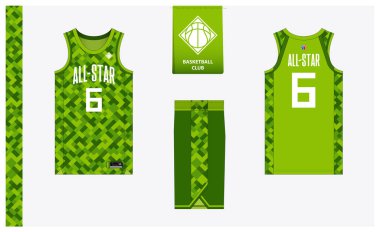 Basketbol kulübü için basketbol forması şablonu tasarımı. Basketbol forması, öndeki basketbol şortu, arka görüş ve yan görüş. Basketbol logosu tasarımı. Vektör İllüstrasyonu