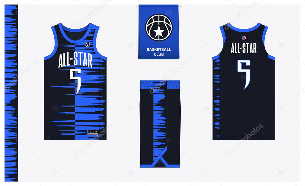 Basketball uniform mockup template design for basketball club. Basketball jersey, basketball shorts in front, back view and side view. Basketball logo design. Vector Illustration