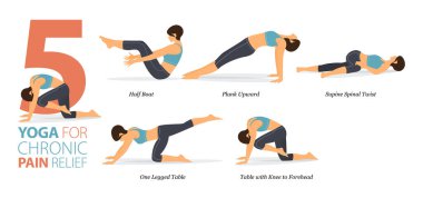 Infographic 5 Yoga, düz tasarımda kronik ağrı kesici kavramında evde egzersiz için poz veriyor. Kadınlar vücut esneme egzersizi yapıyor. Fitness bilgisi için yoga duruşu ya da asana. Düz Çizgi film Vektör İllüstrasyonu.